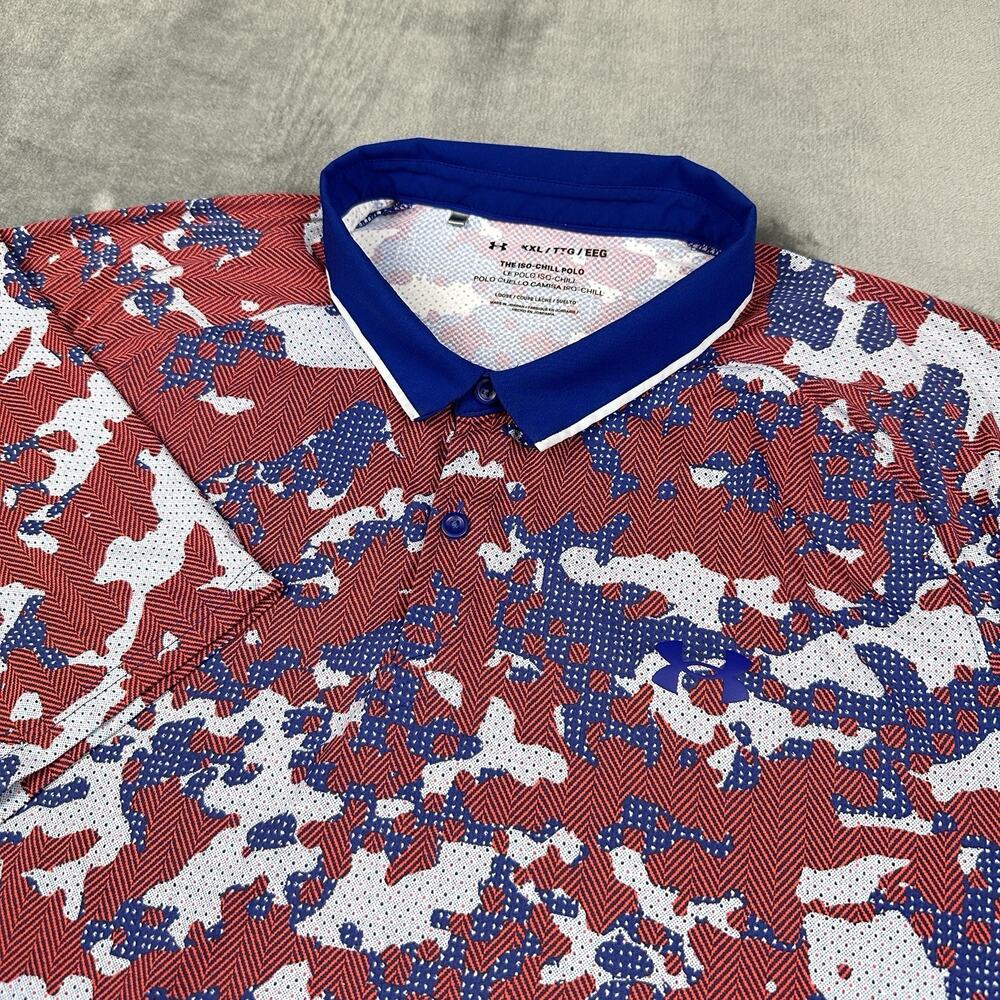 Under Armour Iso-Chill Polo Shirt Mens XXL Red White Blue Camo Golf Performance